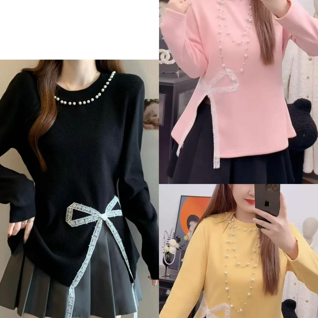 LL琳大码不规则蕾丝蝴蝶结开叉加绒上衣胖妹独特洋气小众百搭0725