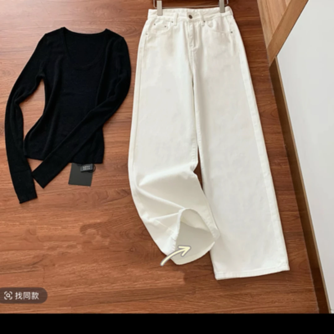 8119牛仔直筒阔腿裤白色常规款无弹（身高165以下）