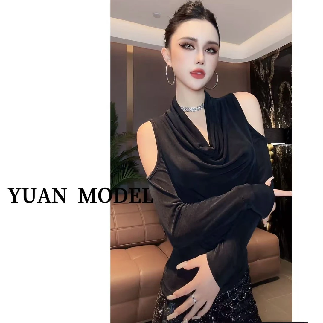 YUAN MODEL/媛老板-时装露肩荡领长袖T恤打底上衣091040