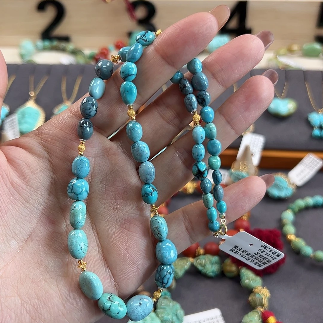 绿松石18K金镶嵌项链雾霾蓝水草纹糖豆锁骨链