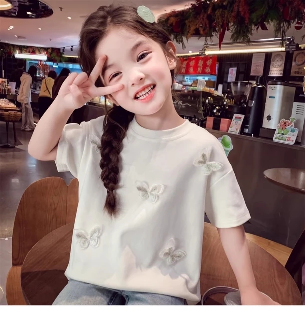 A类短袖圆领女夏装夏季中大童T恤洋气蝴蝶刺绣韩版纯棉T恤
