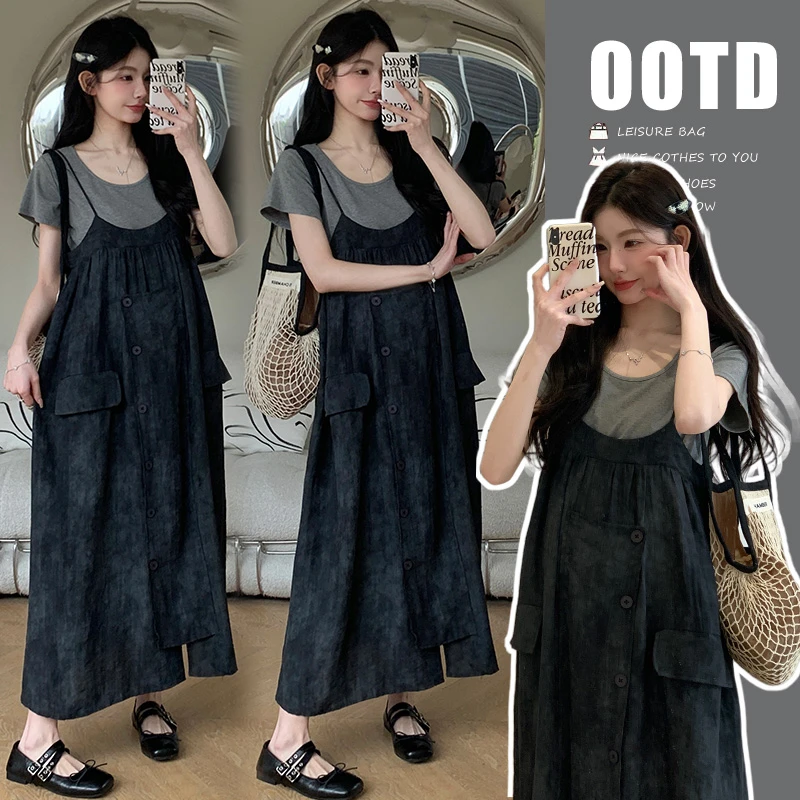 2025新款孕妇夏装套装韩版宽松短袖t恤外穿显瘦减龄吊带连衣裙子