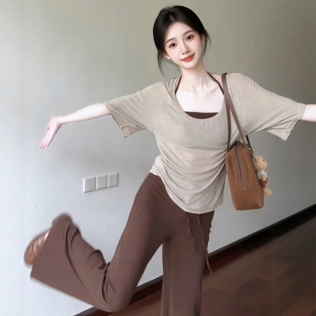 夏季女出游套装时尚慵懒风三件套甜辣妹U领薄款短袖显瘦长袖运动