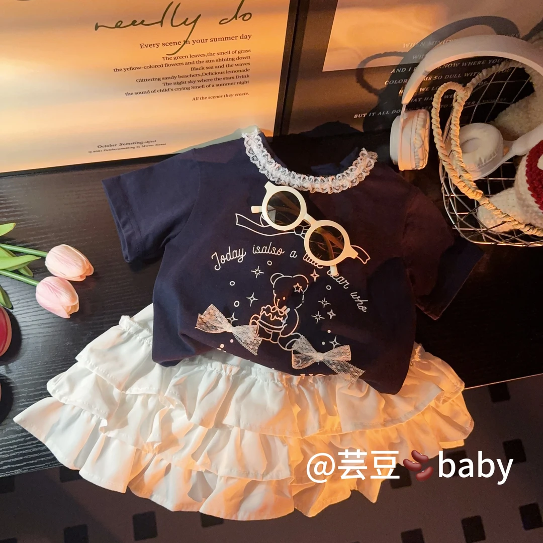 【亲子装】25夏季新款儿童t恤可爱女童甜美蝴蝶结花边碎花短袖洋气