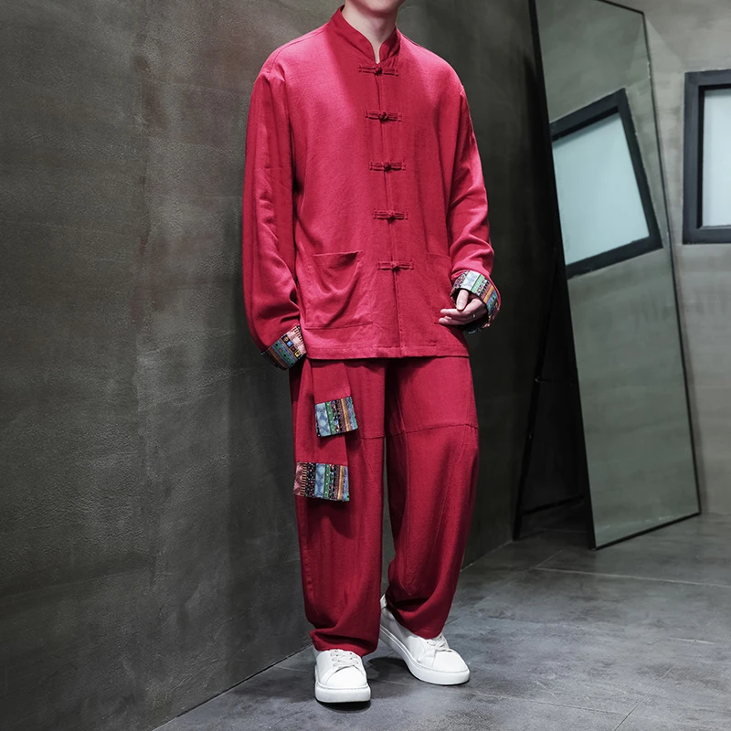 中国风男装棉麻红色武术太极服套装男盘扣唐装大码复古打拳练功服