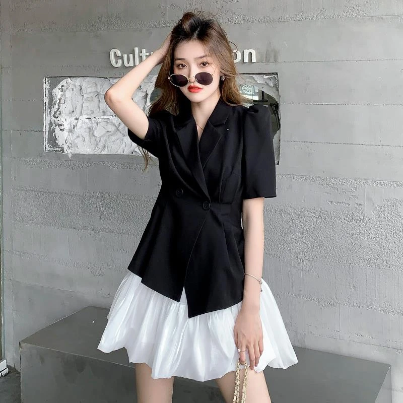 夏季小黑裙法式洋气名媛西装连衣裙时尚套装小西装蓬蓬裙两件套