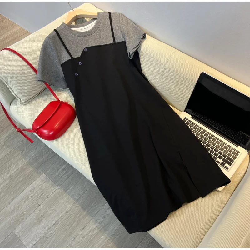 夏季新款超显瘦假两件连衣裙女圆领开叉连衣裙