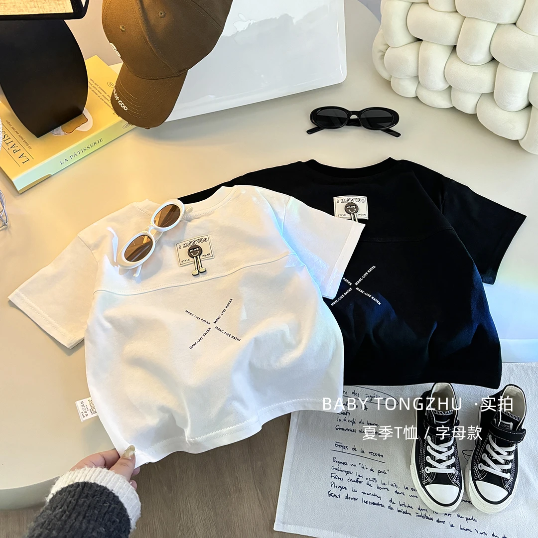 儿童夏季纯棉短袖拼接韩版男女童短袖上衣洋气百搭休闲童装