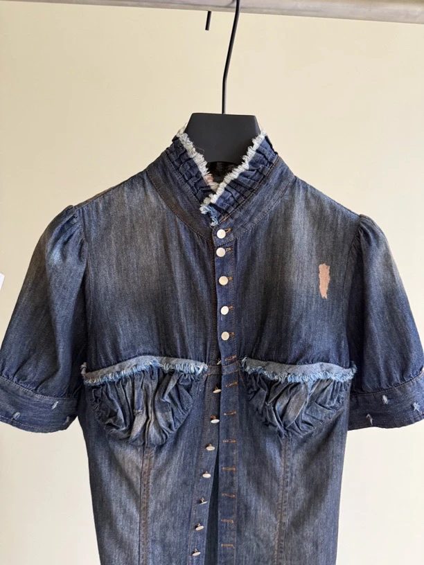 【Ann.G】F30101 脏脏做旧洗水牛仔短袖衬衫