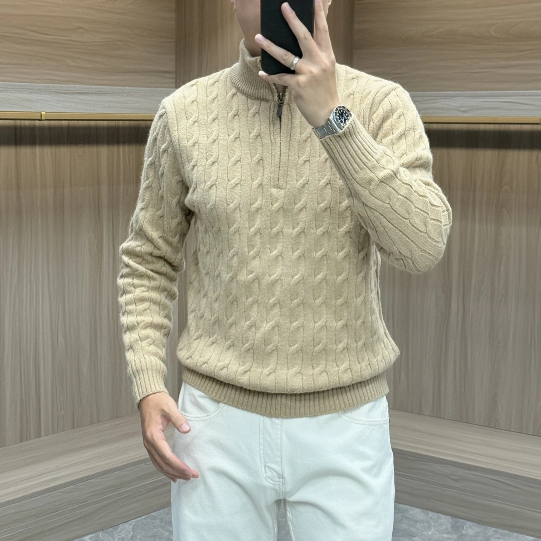 秋冬季新高尔夫老钱风男士英伦半拉链重磅毛衣加厚保暖立领麻花纹