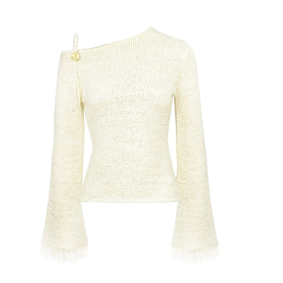 姜穹JIANGQIONG 2024冬季新款中式立体扣斜领流苏喇叭袖毛织上衣