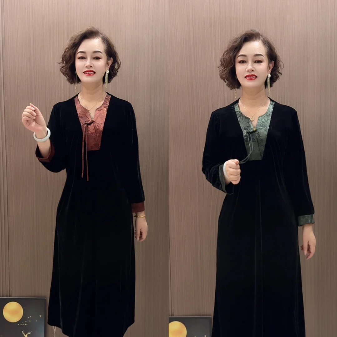 2537款时尚撞色花式V领暗纹丝绒中长款春秋连衣裙黑色气质裙子