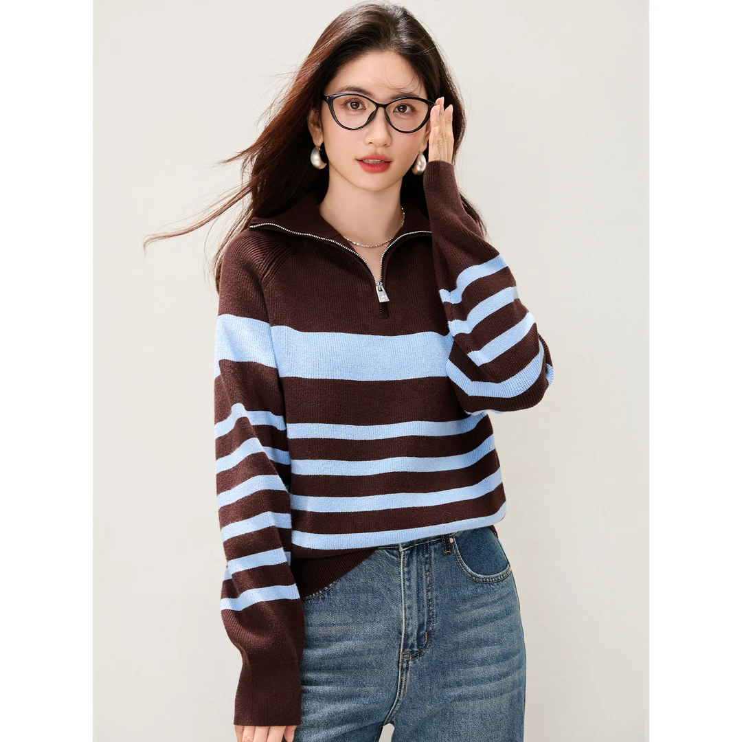 撞色美拉蓝条POLO领毛衣女2025秋季新款韩系高级感时尚拉链针织衫