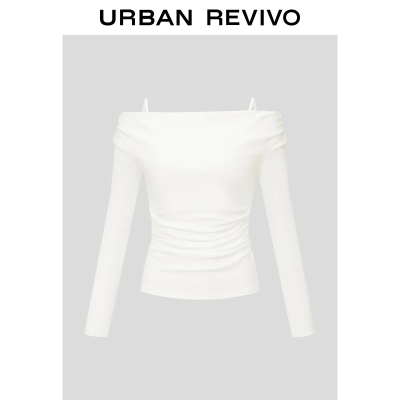 UR2025秋季新款女装潮流一字领褶皱修身短款T恤UWJ450168