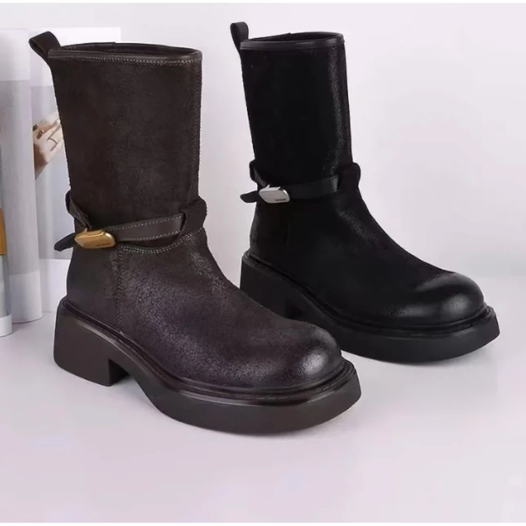 涂层牛皮革女时装靴复古时尚休闲中短靴子鞋K11-0039