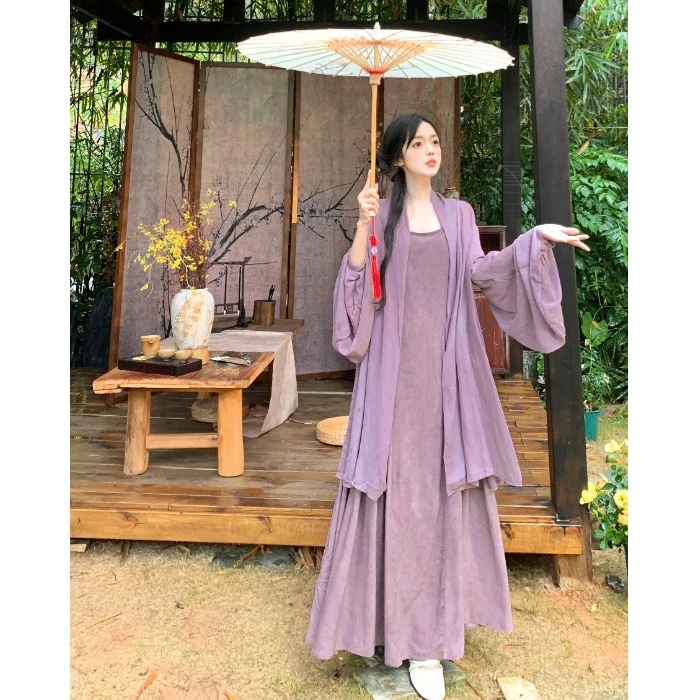 大码女装新中式轻国风吊带收腰胖MM连衣裙+汉元素琵琶袖防晒开衫