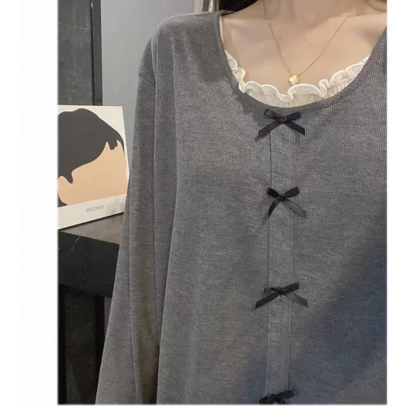 胸垫版睡衣女秋冬莫代尔棉长袖长裤外穿家居服套装（韩系蝴蝶结）