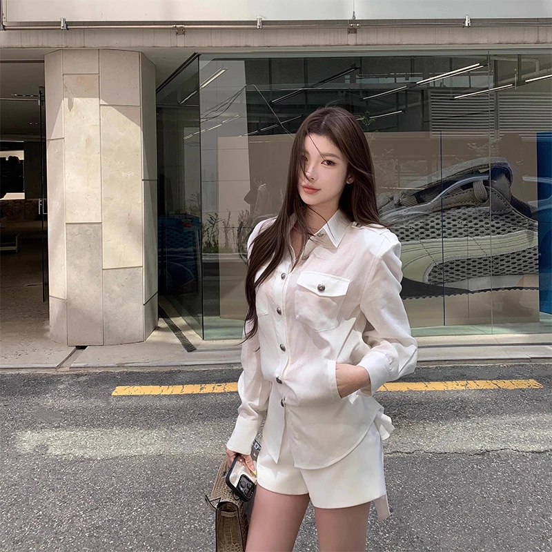 网红时尚炸街新款女装长袖衬衫上衣2025夏季新款美式辣妹低腰短裤