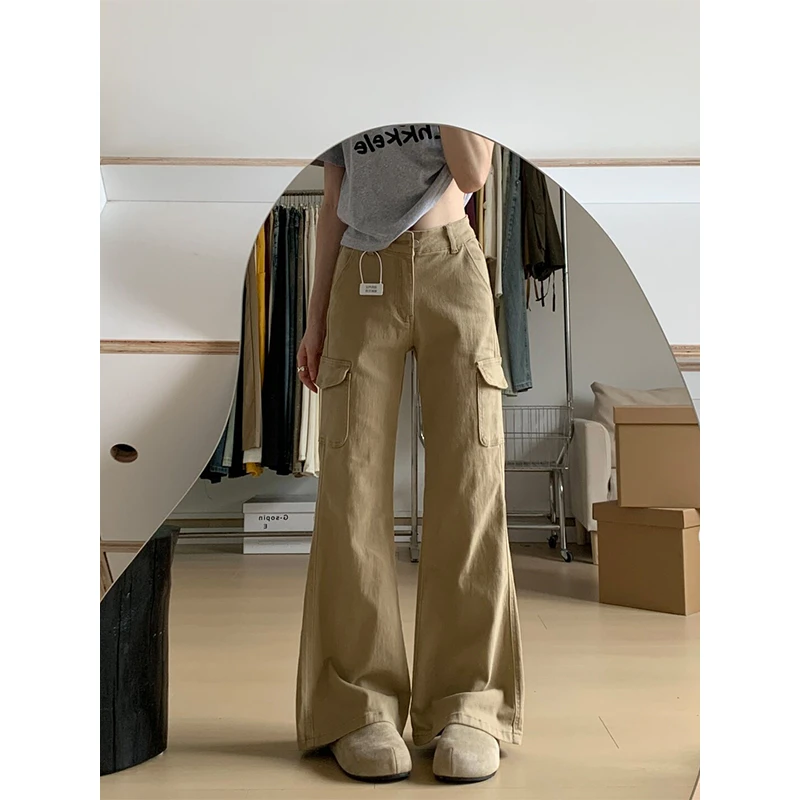 美式复古卡其色微喇工装牛仔裤女秋季高腰直筒梧桐阔腿拖地长裤子