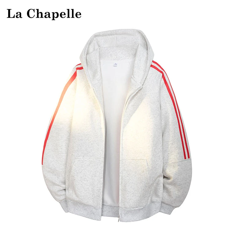 La Chapelle/拉夏贝尔重磅条纹开衫连帽卫衣男女秋冬休闲上衣外套