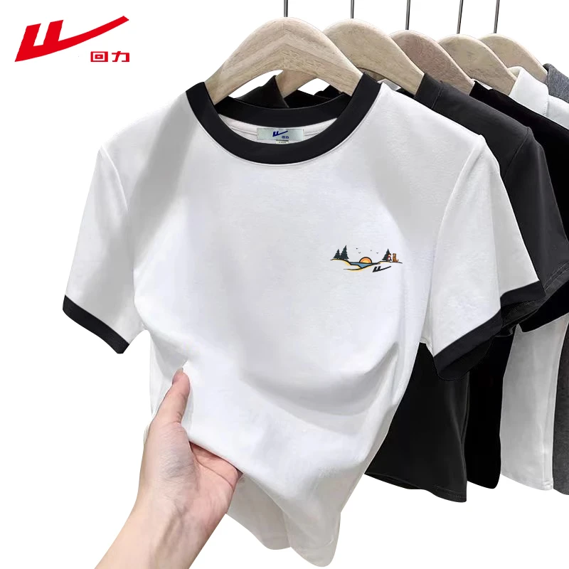 回力夏季棉夏装短袖t恤衫美式复古女插色新款短款修身百搭正肩