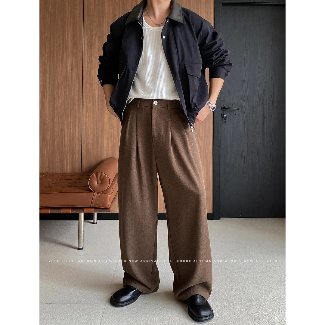 余乐「亚麻混纺 阔腿西裤」秋季复古琥珀色直筒宽松打褶休闲西裤男