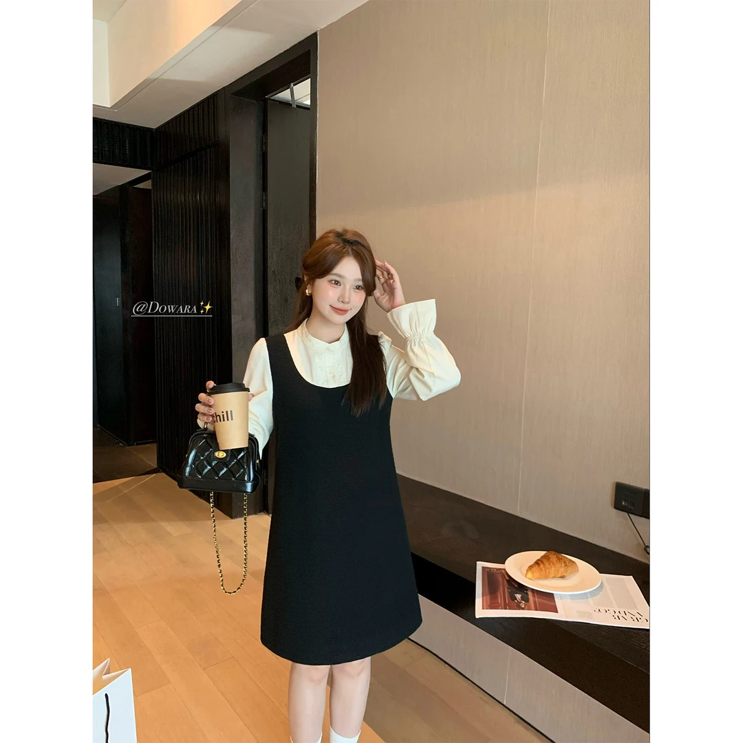 现货大婉酱微胖定制法式假两件连衣裙早春宽松显瘦黑色裙子 6654D