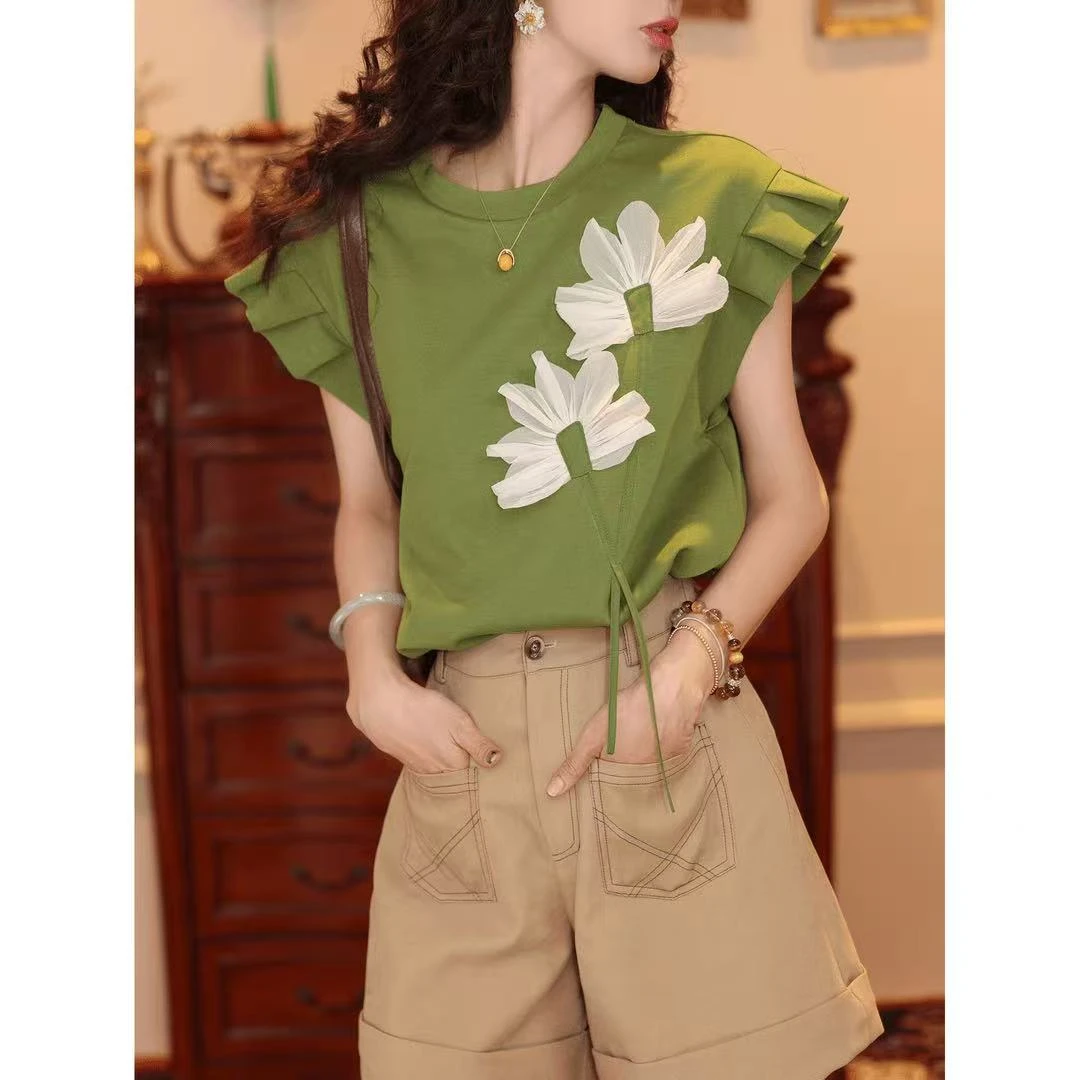 复古立体装饰短袖设计T恤夏季休闲宽松上衣