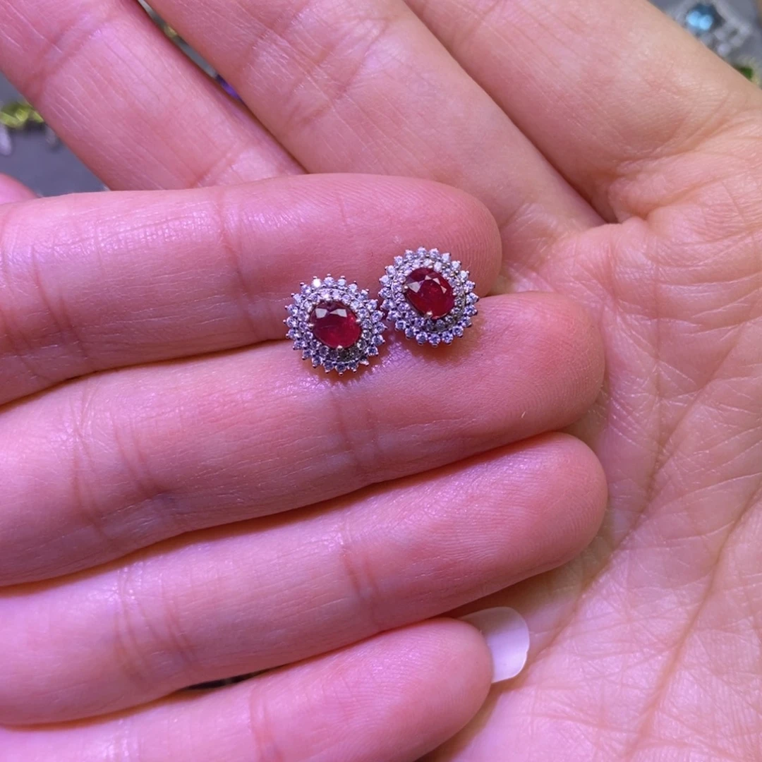 红宝石耳饰银S925镶嵌