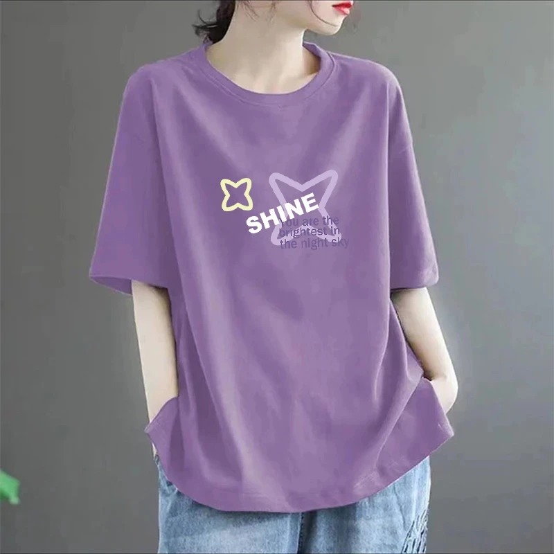 2025夏季新款落肩短袖T恤女大码宽松百搭洋气时尚圆领上衣ins