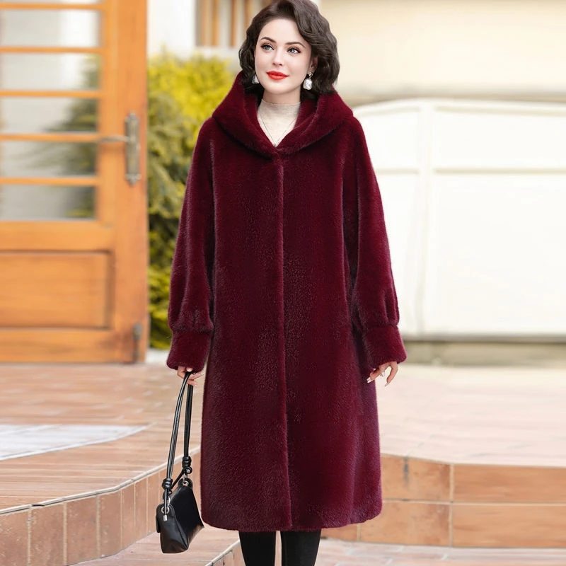 【加厚正版】海宁版冬款110厘米加厚连帽皮毛一体外套女士妈妈装