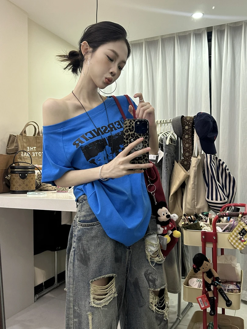 花生酱设计一字肩短款T恤女2025夏新款抽褶辣妹高腰上衣潮