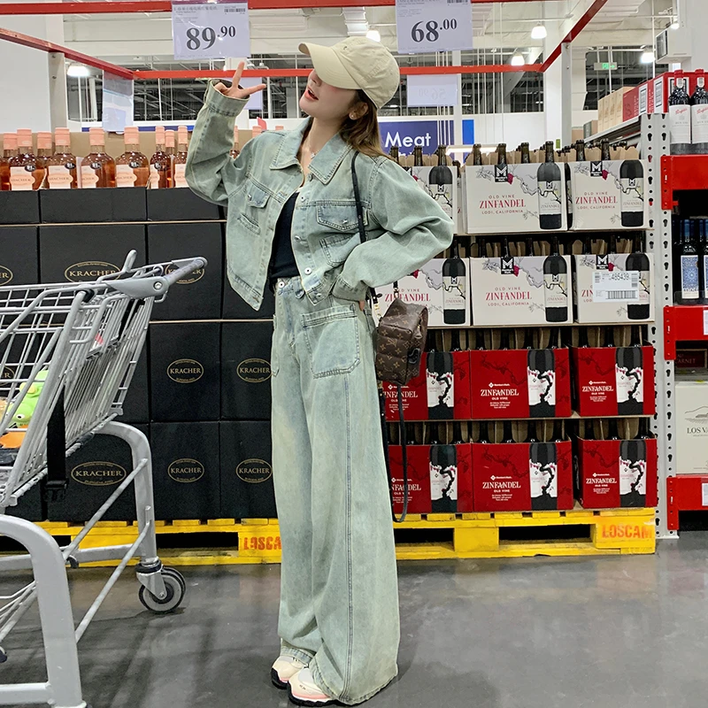 复古港风牛仔套装女2025春秋新款帅气时髦工装短外套阔腿裤两件套