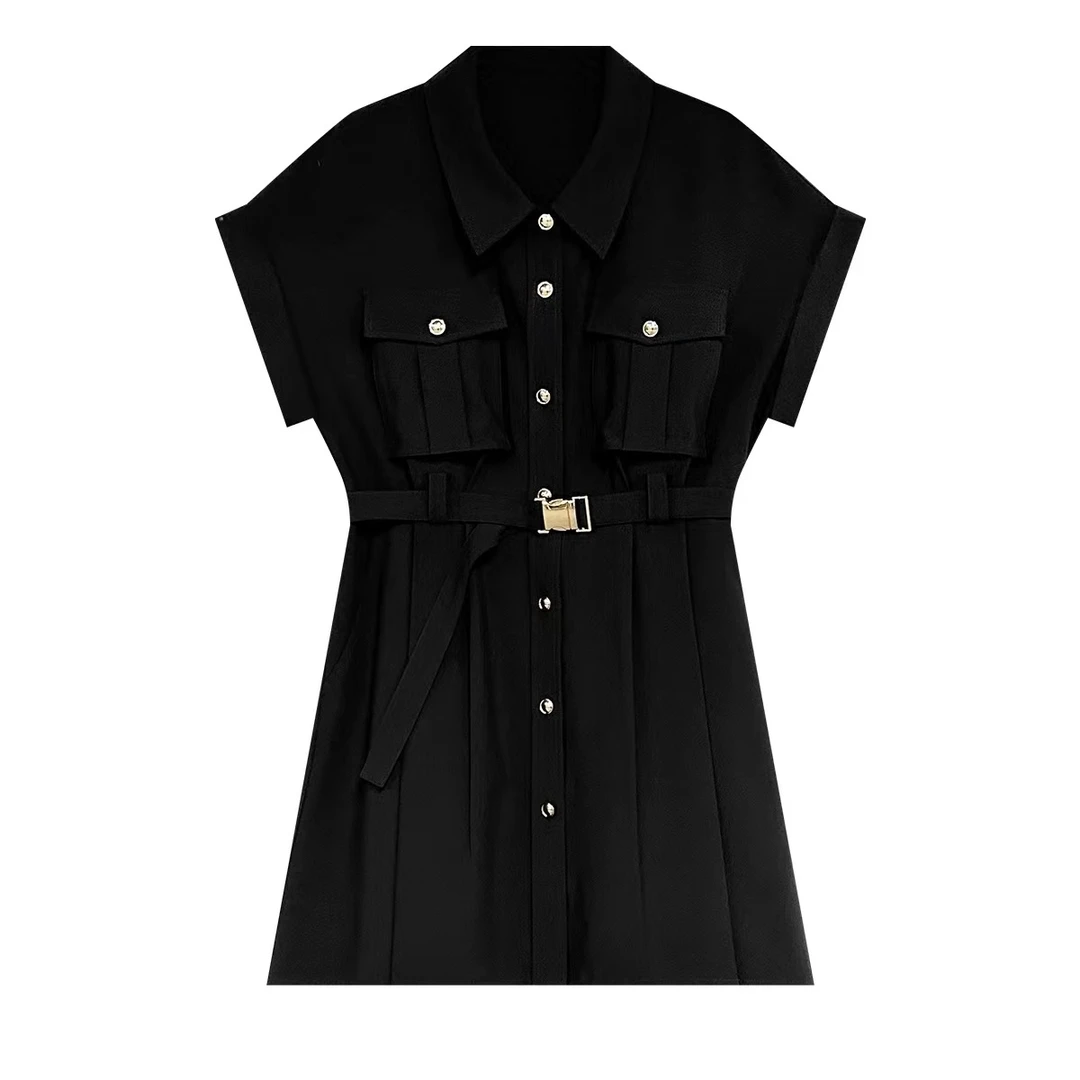 AMAZCOOL 工装风高端polo领连衣裙气质A字收腰衬衫裙3423