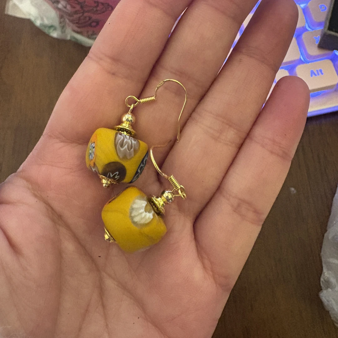 合金耳饰 LZ5301-3 黄色万花磨砂尼泊尔老珠子耳环