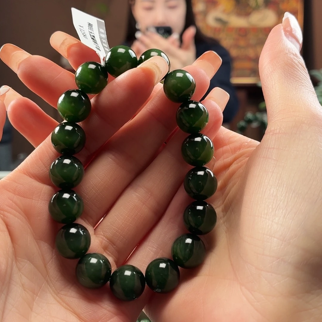 和田玉未镶嵌手串俄碧玉黑猫卡12圆珠