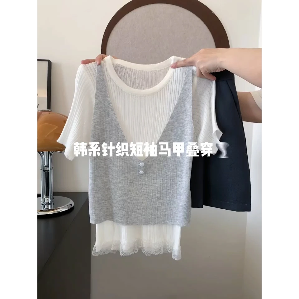 韩系假两件下摆蕾丝花边短袖T恤女2025夏季新款宽松显瘦内搭上衣