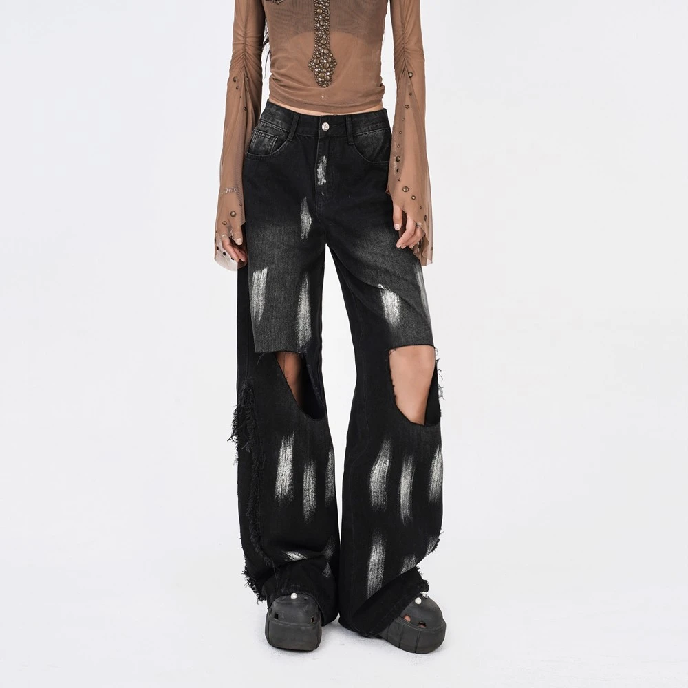 JAZZ JAYY  设计感黑色大破洞牛仔裤子显瘦高腰阔腿长裤-K24254