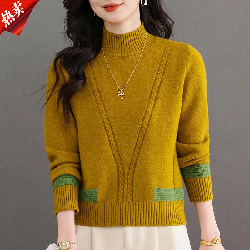 【原版正品】羊毛衫女韩系半高领撞色毛衣加厚针织衫宽松显瘦打底衫