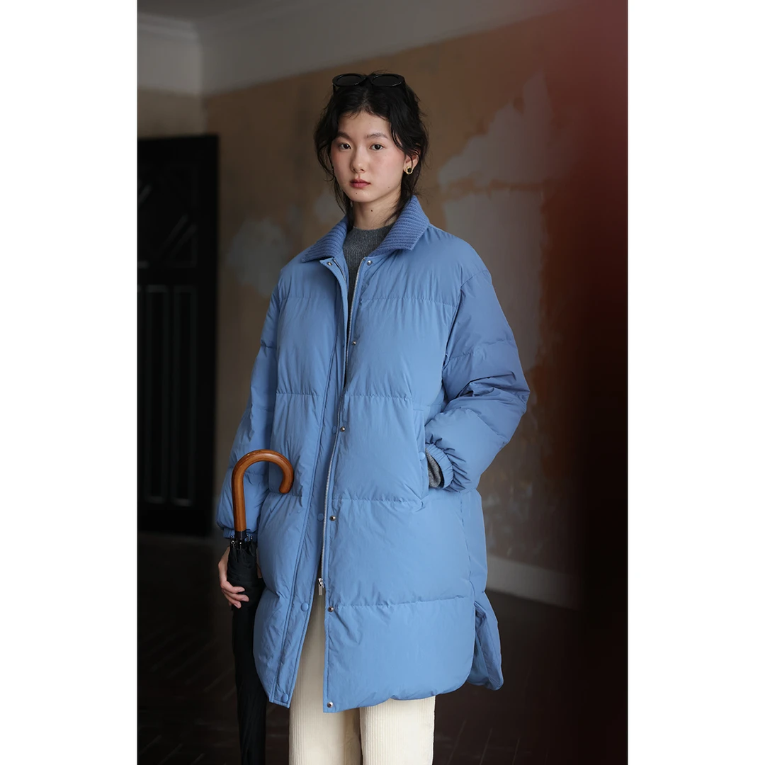 solighter 90白鸭绒针织领加厚羽绒服中长款面包服5G1024Y17XD