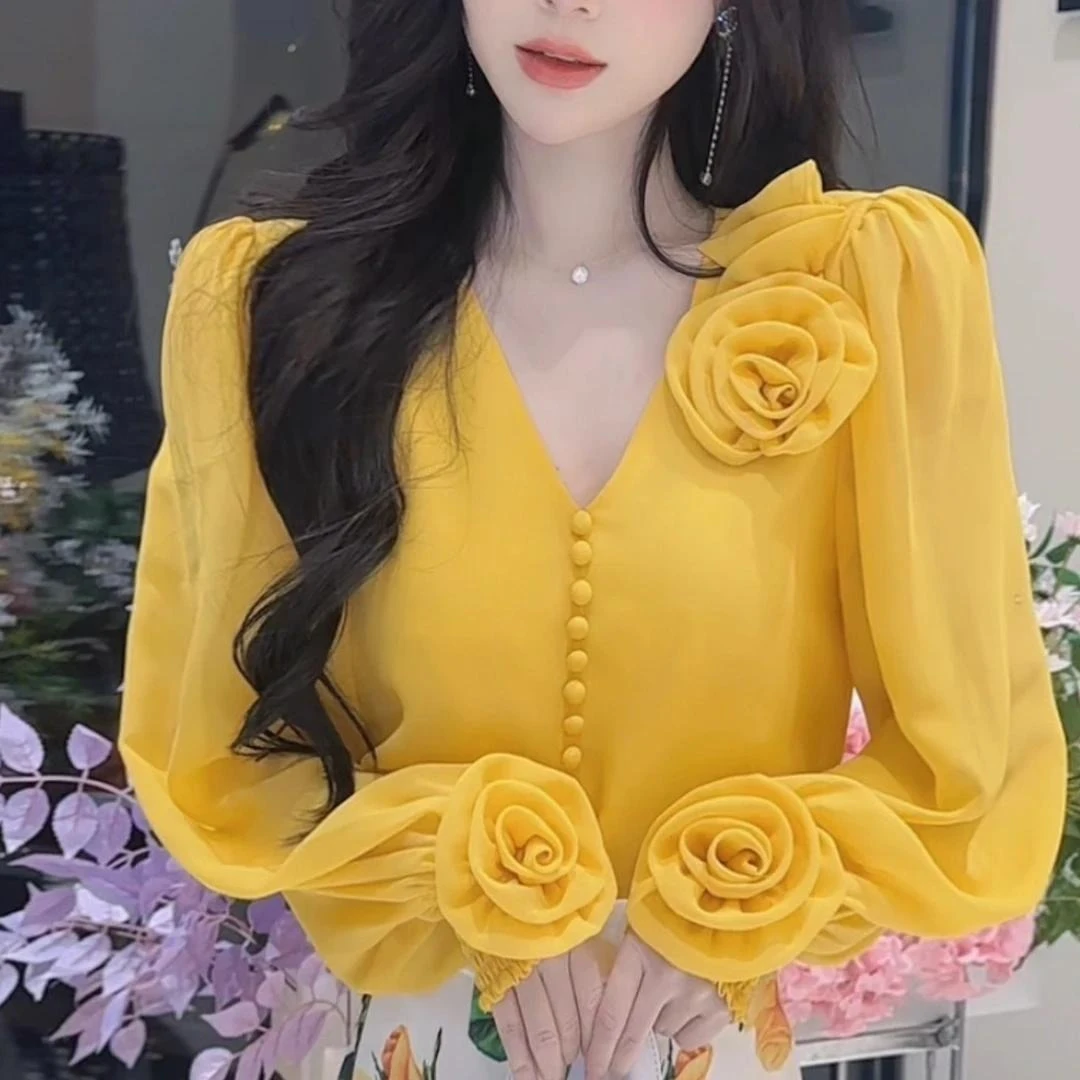 9韩版时尚重工v领纯色花朵宽松长袖衬衫女2025春季新款名媛风上衣