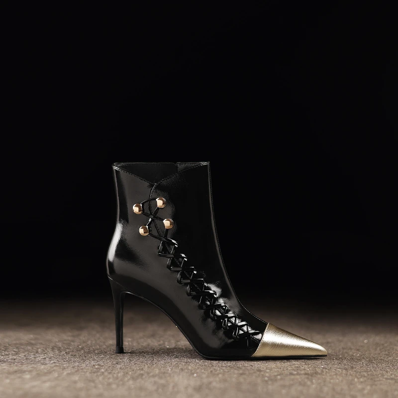 洋气细跟尖头短靴冬季新款拼色真皮女鞋轻奢气质高跟靴子不累脚