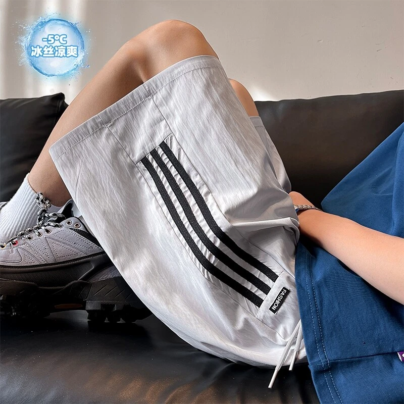 青少年夏季冰丝凉感三条杠速干男大码薄款五分短裤直筒百搭外穿潮