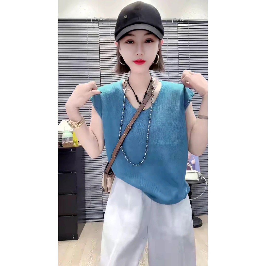 欧洲站时尚简约洋气纯色冰冰感U领落肩袖针织衫