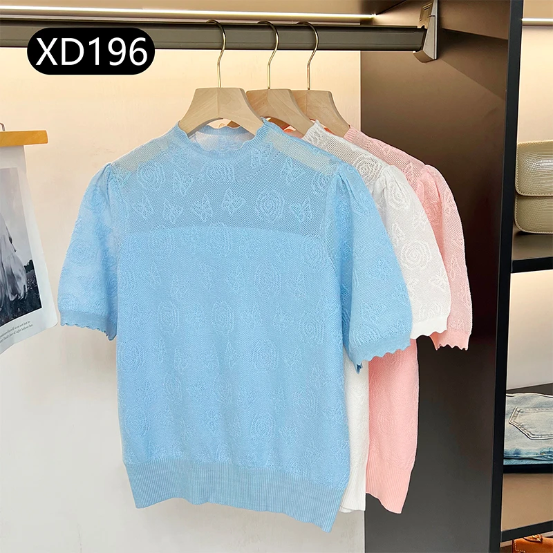 北方鹿 夏季简约风法式镂空提花针织衫微透五分袖女士短袖XD196
