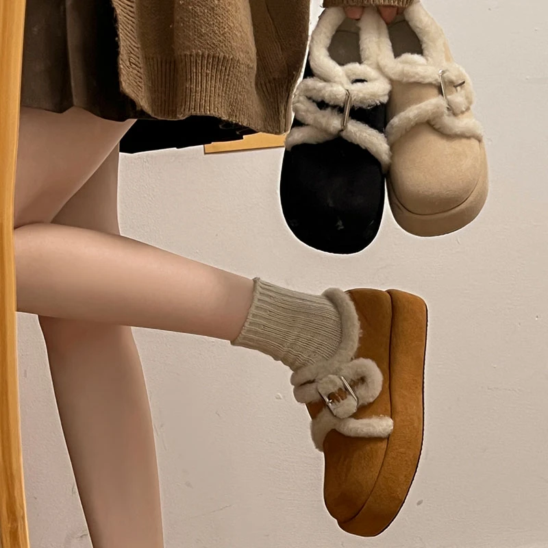 加绒勃肯鞋女2025新款冬季女鞋保暖棉鞋松糕厚底魔术贴毛毛雪地靴