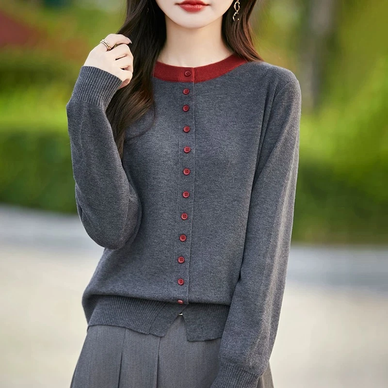 【灰色莫奈开衫打底】复古撞色针织开衫