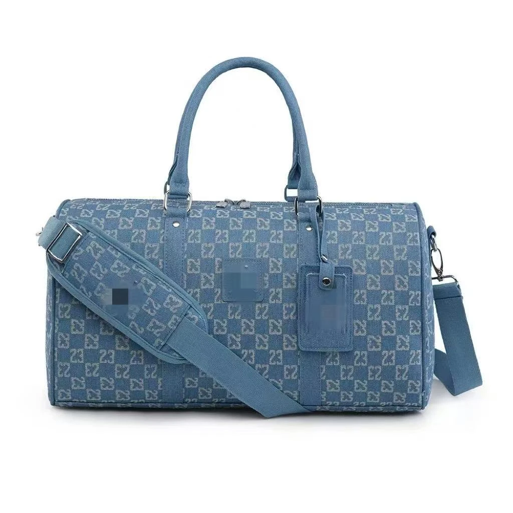 【牛仔蓝】棋盘格老花健身包旅行包双肩男女简约时尚户外运动包