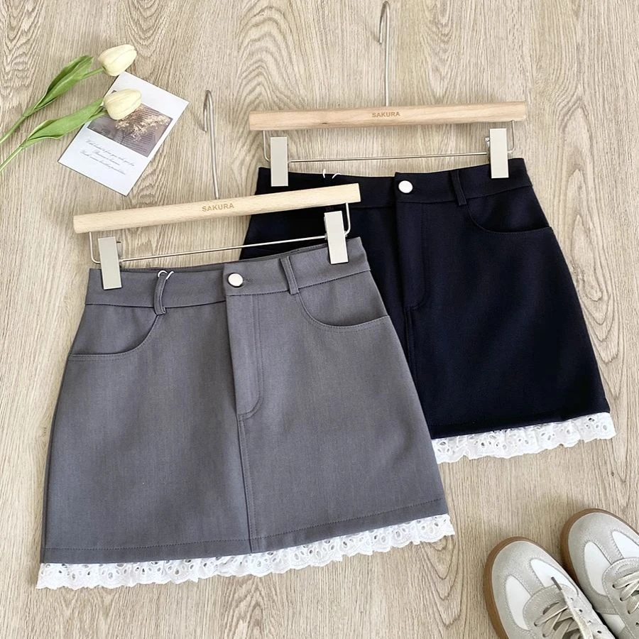 灰色蕾丝边半身裙女夏季韩版时尚高腰百搭防走光灰色A字短裙