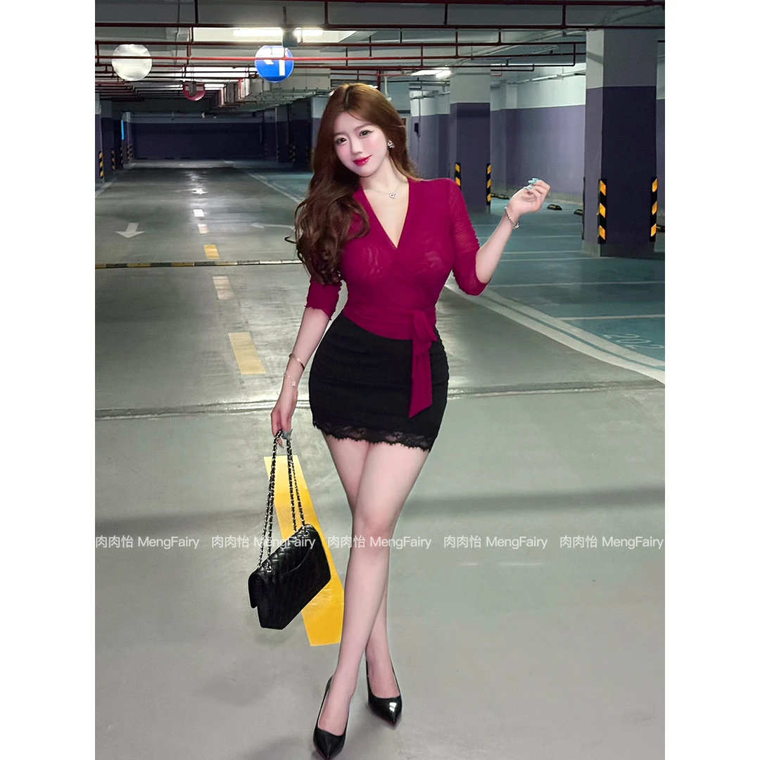 萌面侠肉肉怡 现货【女人味十足】性感魅惑双层交叉修身上衣6251